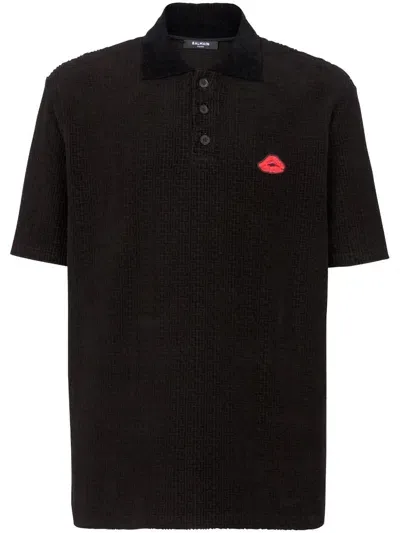 Balmain Monogram Velvet Cotton Polo Shirt In Black