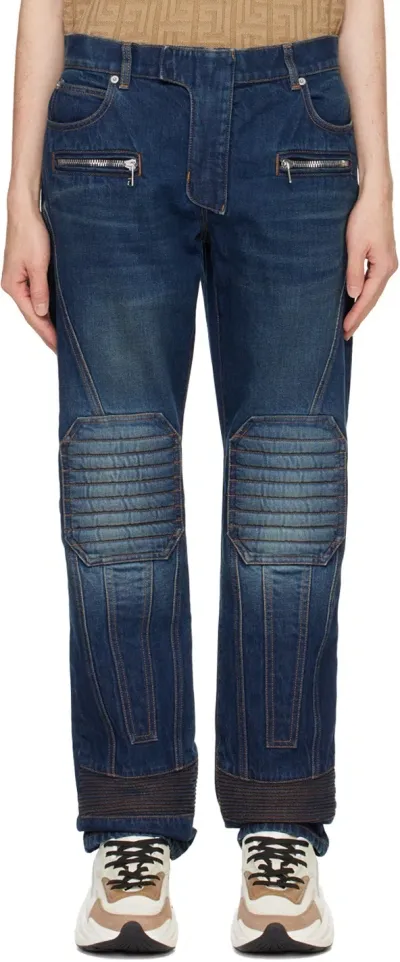 Balmain Navy Straight-leg Biker Jeans In 6kd Bleu Jean Brut