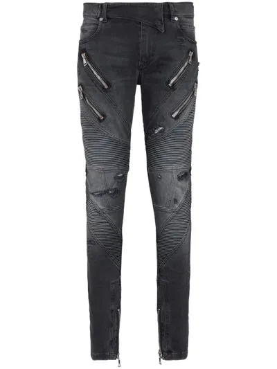 Balmain Panelled Distressed Skinny Jeans In Black