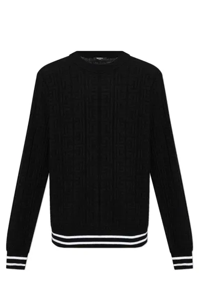 Balmain Patterned Jacquard Crewneck Jumper In Nero E Bianco