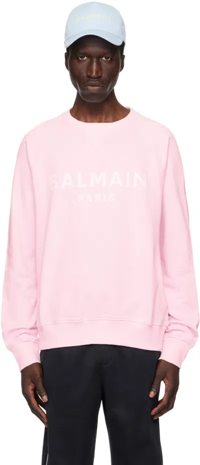 Balmain Pink ' Paris' Printed Sweatshirt In Oes Rose Clair/blan