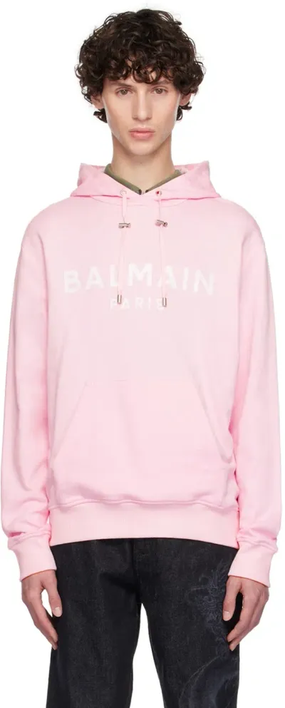 Balmain Pink Printed Logo Hoodie In Oes Rose Clair/blan