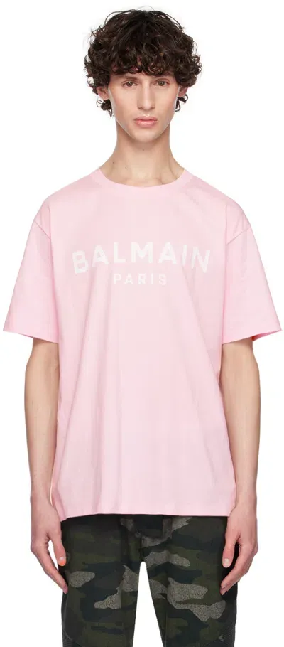 Balmain Pink Printed Logo T-shirt In Oes Rose Clair/blan