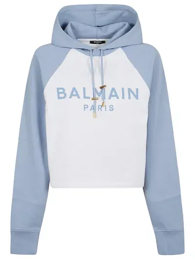 Balmain Paris Hoodie In Grw Blanc Bleu Pale