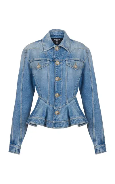 Balmain Puff-sleeve Denim Peplum Jacket In Blue