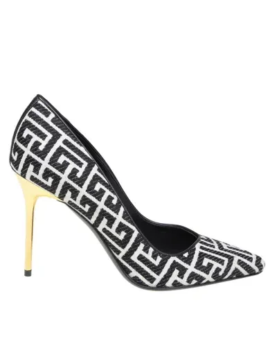 Balmain Pumps In Monogram Fabric In Ivoire/noir