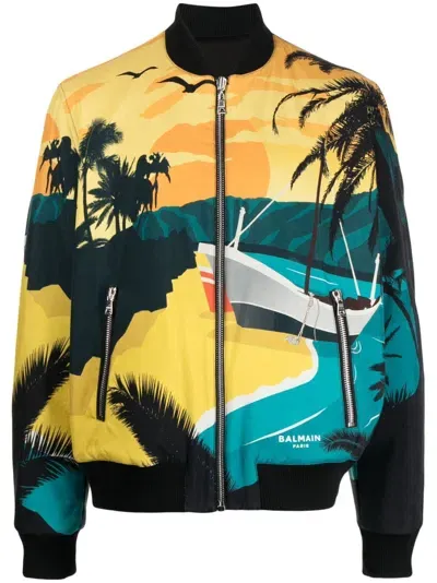 Balmain Reversible Graphic-print Bomber Jacket In Black