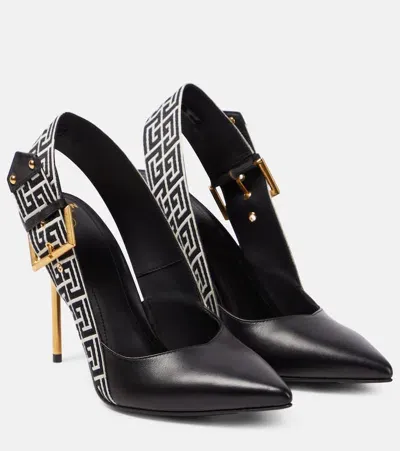 Balmain Ruby Monogram Leather Slingback Pumps In Black