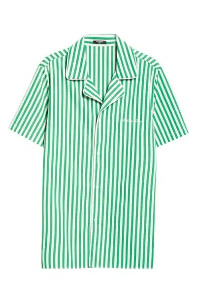 Balmain Signature Stripe Cotton Camp Shirt In Green/white