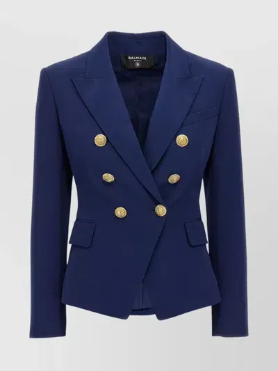 Balmain 'spiral' Blazer Double-breasted Peak Lapels In Blue