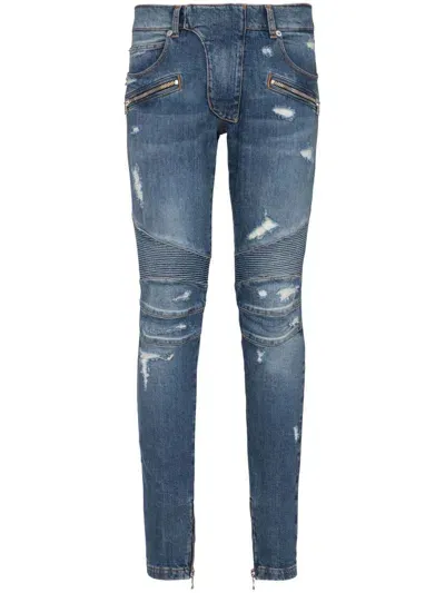 Balmain Panelled Distressed Skinny Jeans In Blue