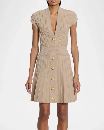 Balmain V-neck Velvet Flare Mini Dress In Beige