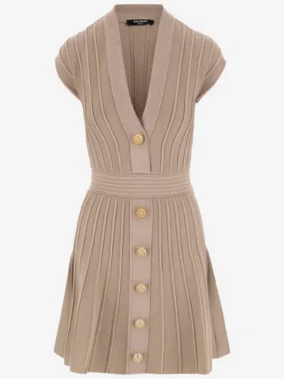 Balmain V-neck Velvet Flare Mini Dress In Neutrals