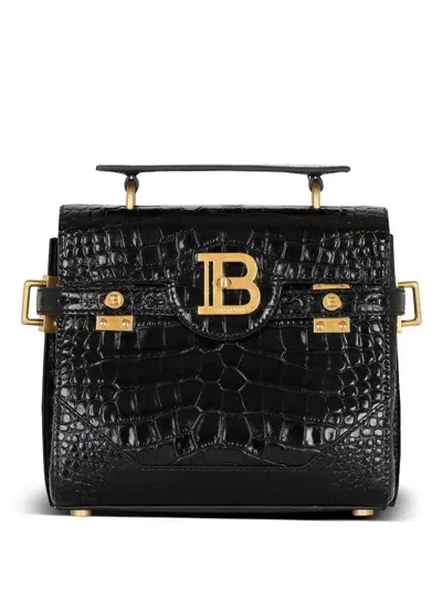 Balmain B-buzz Schultertasche Mit Kroko-effekt 23cm In Noir