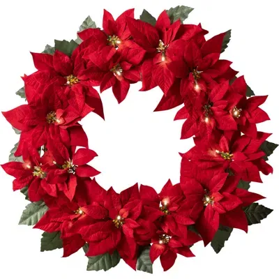 Balsam Hill Outdoor Lit Poinsettia Celebration Wreath In Red