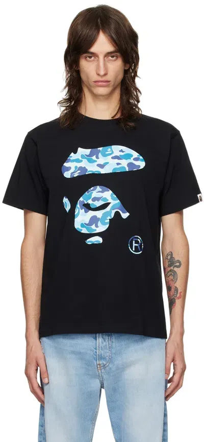 Bape Black Abc Camo Ape Face T-shirt In Black X Blue