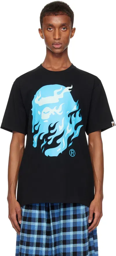 Bape Black & Blue Flame Ape Head T-shirt In Black X Blue