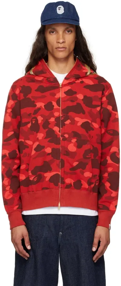 Bape Red Color Camo Double Shark Full Zip Hoodie