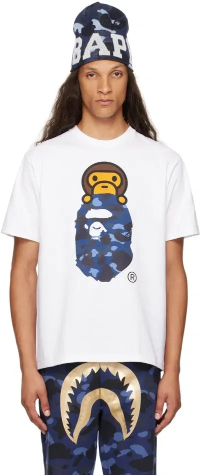 Bape White Color Camo Milo On Ape Head T-shirt In White X Navy