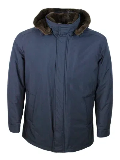 Barba Napoli 3/4 Length Luxury Jacket Padded In Technical Fabric With Precious And Precious Lapin Lining And Deta In Blue