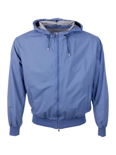 Barba Napoli Lightweight Bomber Jacket In Windproof Technical Fabric With Hood With Integrated Drawstring And Zip In Blu Avio