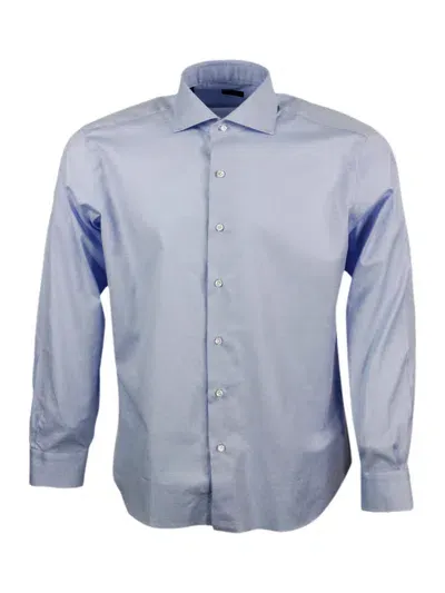 Barba Napoli Slim Fit Shirt In Fine Stretch Honeycomb Cotton, Italian Collar, Hand-sewn Black Label And Mother-of In Light Blue