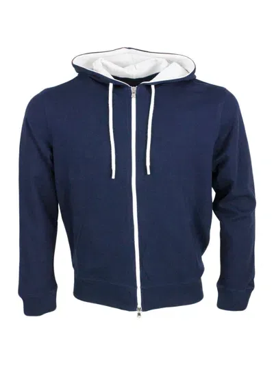 Barba Napoli Lightweight Stretch Cotton Sweatshirt With Hood With Contrasting Color Interior And Zip Closure In Blue