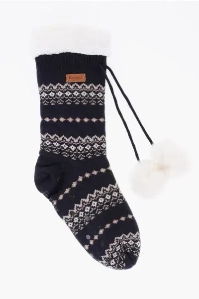 Barbour Fairisle Motif Non-slip Long Socks With Fleece Inner And Fau In Blue