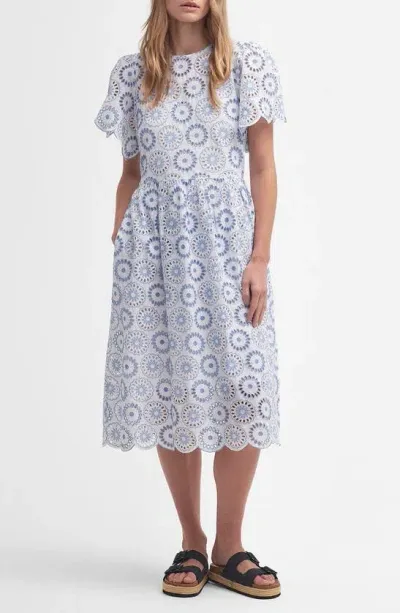 Barbour Juliette Eyelet Embroidery Midi Dress In White/blue Mist