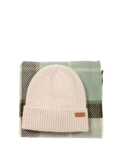 Barbour Pendle Logo Patch Ribbed Beanie Scarf Set In Multi