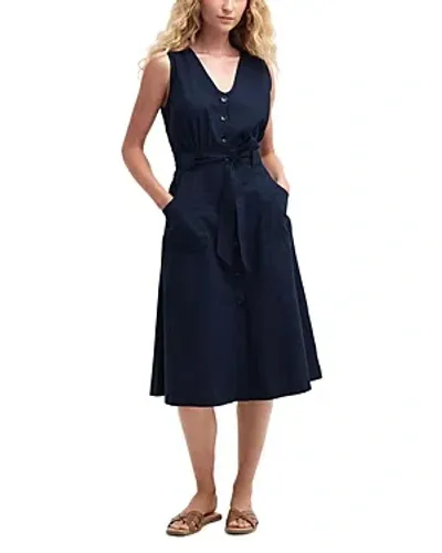 Barbour Rutherglen Belted Sleeveless Midi Dress In Navy