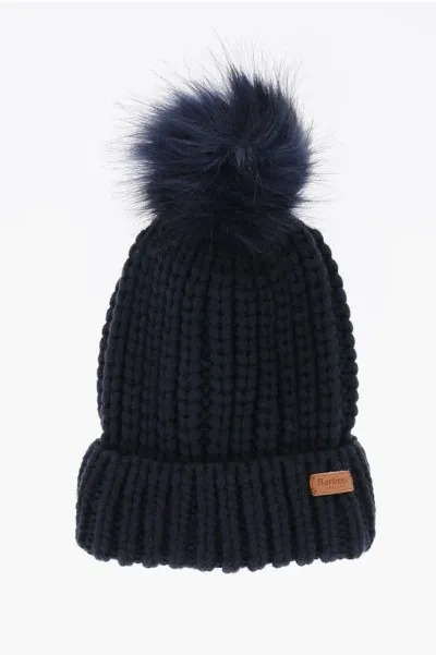 Barbour Solid Color Beanie With Faux Fur Pom Pom