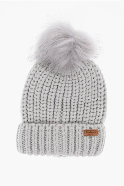 Barbour Solid Color Beanie With Faux Fur Pom Pom