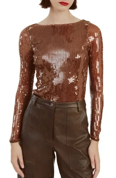 Bardot Brenna Sequin Open Back Bodysuit In Chocolate