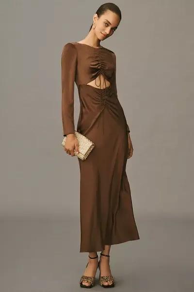 Bardot Daring Satin Long-sleeve Maxi Dress In Brown