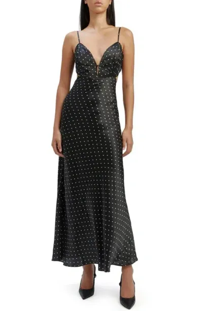 Bardot Satin Maxi Dress In Black Polka Dot