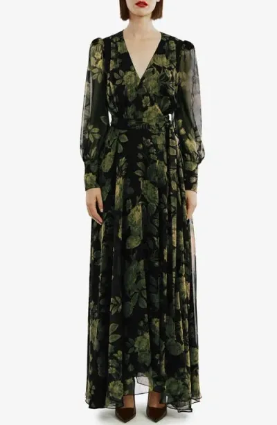 Bardot Lucianna Long Sleeve Maxi Wrap Dress In Green Floral