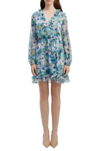 Bardot Ruffle Long Sleeve Faux Wrap Chiffon Minidress In Blue Floral