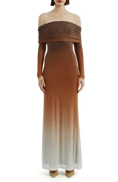 Bardot Sapha Off The Shoulder Long Sleeve Maxi Dress In Brown