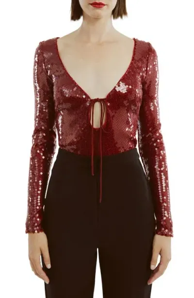 Bardot Verona Sequin Long Sleeve Bodysuit In Burgundy