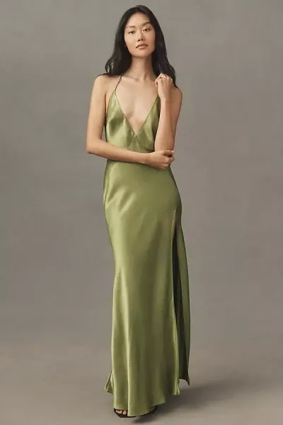 Bardot Yve Halter Open-back Front-slit Silky Maxi Dress In Green