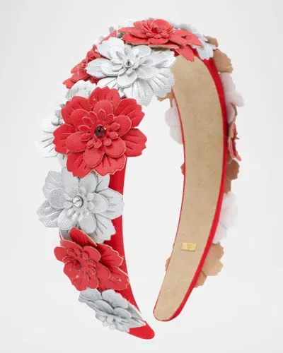 Bari Lynn Kids' Girl's Headband W/ Faux Leather Metallic Flowers In Red