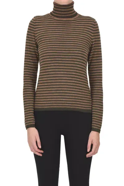 Base Milano Striped Turtleneck Pullover In Olive Green