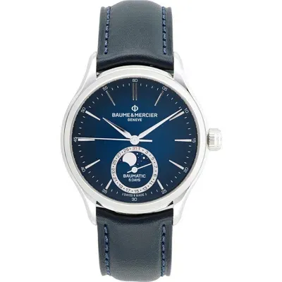 Baume & Mercier Clifton Baumatic Moon Phase Leather Strap Watch, 39mm In Lacquered Blue