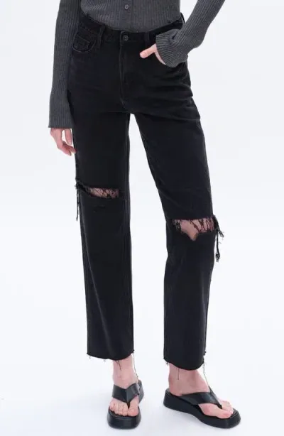 Bayeas High Waist Lace Inset Rip Straight Leg Jeans In Sulfur Black