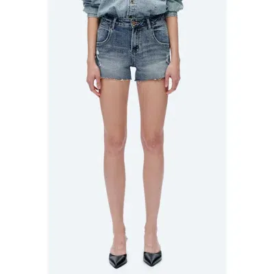 Bayeas Nova Raw Hem Mid Rise Denim Shorts In Rock Indigo