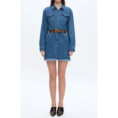 Bayeas Resa Long Sleeve Fray Hem Denim Mini Shirtdress In Medium Blue