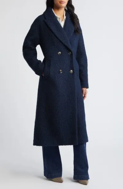 Bcbg Double Breasted Bouclé Long Coat In Navy