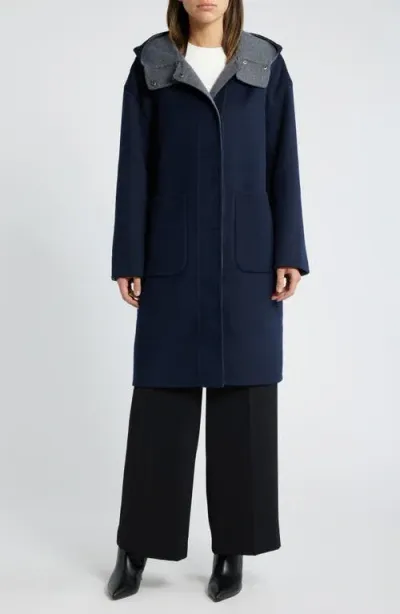 Bcbg Hooded Longline Stadium Coat In Navy/charcoal