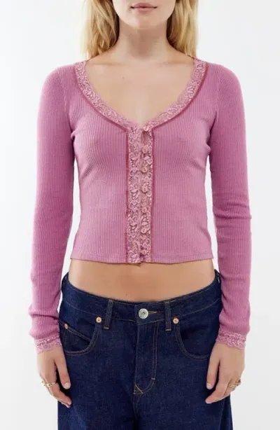 Bdg Urban Outfitters Lace Trim Rib Cardigan In Pink